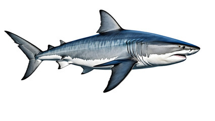 Fototapeta premium Tiger shark staring intently, with textured gray-blue skin, contrasting sharply against a pure isolated background.