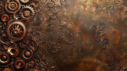 Naklejka premium Intricate and metallic steampunk gears stand out against a rich, dark brown backdrop.