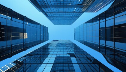 Skyscraper in Corporate District: Downtown Tower with Low Angle Perspective and Glass Windows