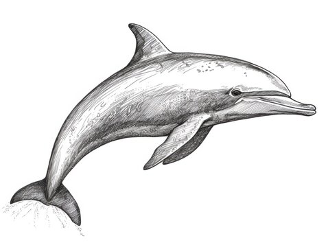 recommend clip art: Black and white Vintage engraved art of a dolphin isolated on white background, ink sketch illustration, simple vector art design, highly detailed line art, high contrasty