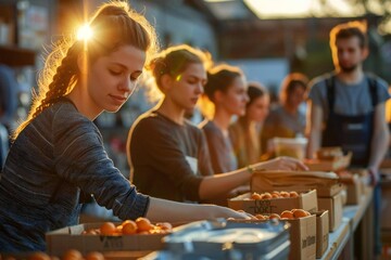 Volunteers work together at a community charity donation center, sorting and organizing items to be distributed to those in need. The bright, colorful atmosphere is filled with 
