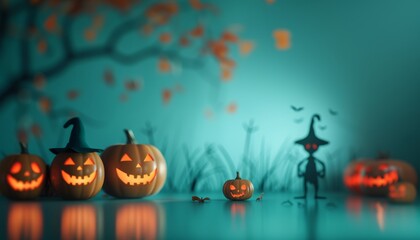 Eerie Halloween Scene with Pumpkins and Mysterious Figure in Shadows