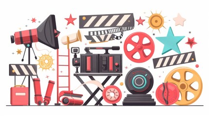 Fototapeta premium Filmmaking gear with camera, reels, director's chair, spotlight, megaphone, and clapperboard. Old-style movie concept. Simple, flat vector graphic on a white background.
