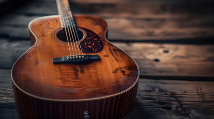 Close up of acoustic guitar on wood background