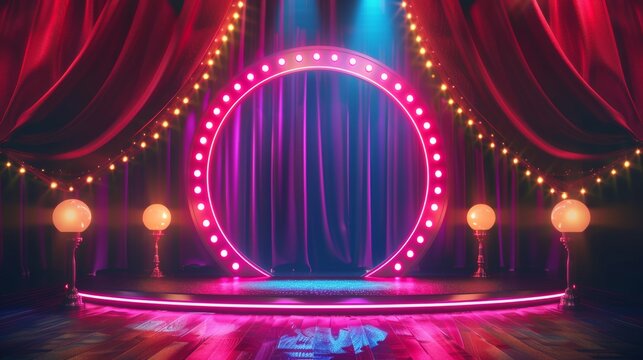 Neon lights on a round frame shine brightly. A red curtain and stage platform make a party banner. Lamps border a signboard for games like lottery, casino, poker, and roulette.
