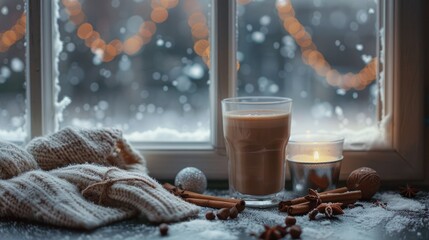 Frosted window, beverage, sweater, cinnamon sticks, and nuts on sill. Cozy winter ambiance. Festive holiday season.
