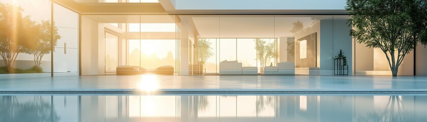 Fototapeta premium A modern house with a swimming pool in front of it.