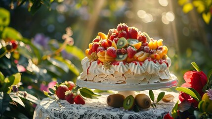 A Close up of a Cake Sitting on Top of a Table Covered in Fruit - Generative AI
