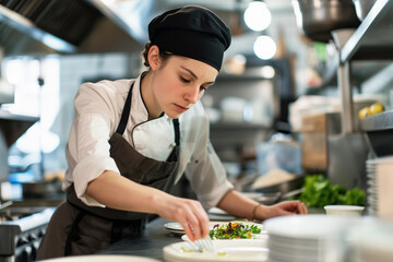 Junge Frau konzentriert bei der Arbeit als Köchin in der Restaurant Küche 