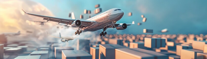 A jetliner flying high above a city skyline.