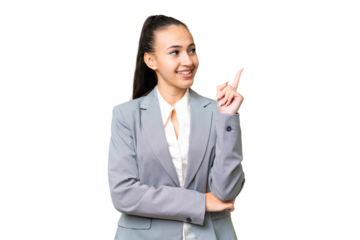 Young Arabian woman over isolated chroma key background pointing up a great idea