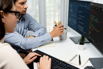 Team skilled developers program thinking newest coding creative website planning software project...