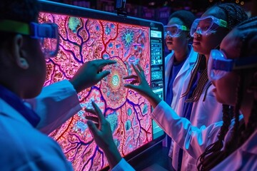 Obraz premium Photo Description: A group of high school students wearing lab coats and goggles are gathered around a large, interactive digital tablet in the center o