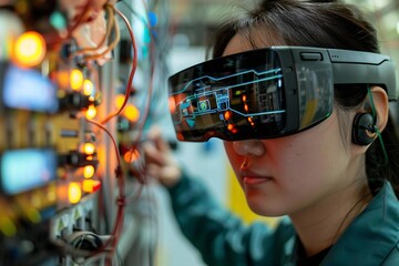 New Photo Description: Technician utilizing augmented reality glasses to troubleshoot complex electrical system in high-tech factory.