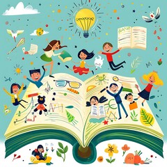 3. A vector cartoon scene of an open school textbook with lively illustrations and cheerful characters popping out from the pages, ideal for educational themes