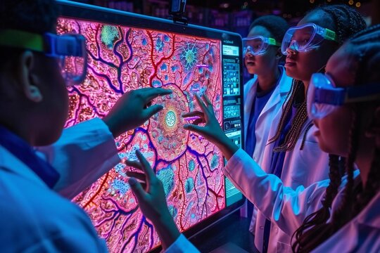 Photo Description: A group of high school students wearing lab coats and goggles are gathered around a large, interactive digital tablet in the center o