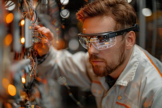 New Photo Description: Technician utilizing augmented reality glasses to troubleshoot complex electrical system in high-tech factory. - Powered by Adobe