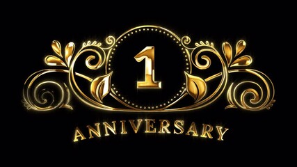 1st Anniversary Celebration. Happy 1 Year Anniversary Animation in Gold Color on the Transparent Background, Alpha Channel. Great for greetings, celebrations, events, and gifts.