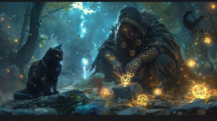 A mystical scene featuring a hooded figure and a black cat surrounded by glowing symbols in a magical forest.