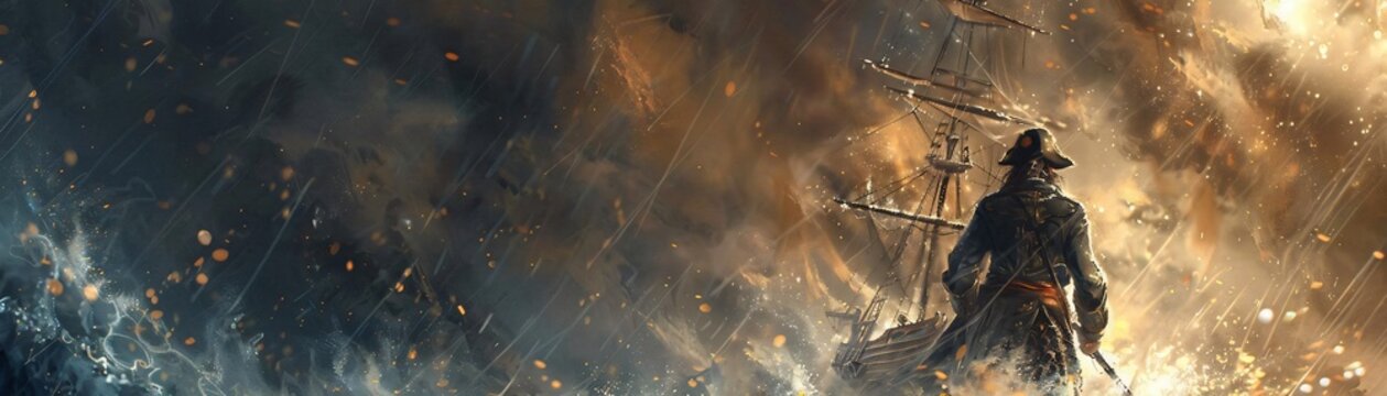 A dramatic scene of a lone figure standing against stormy seas and a sinking ship, evoking adventure and bravery.
