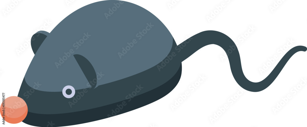 Poster computer mouse looking like a small grey mouse is connecting user with computer, in a simple cartoon