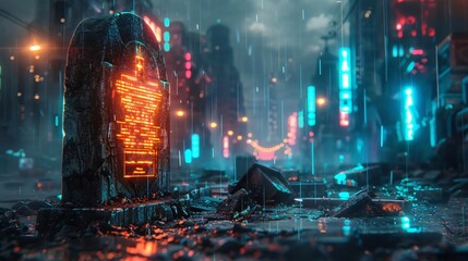 Fototapeta premium A futuristic city scene with neon lights, rain-soaked streets, and glowing monuments, creating a cyberpunk atmosphere.