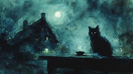 A mysterious black cat sits on a table, illuminated by moonlight, in an eerie atmosphere with a distant cottage.