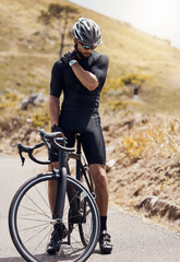 Fitness, bicycle and man in nature with shoulder pain, injury or accident at training for criterium. Sports, cycling and male athlete cyclist with muscle sprain on bike for cardio workout or exercise