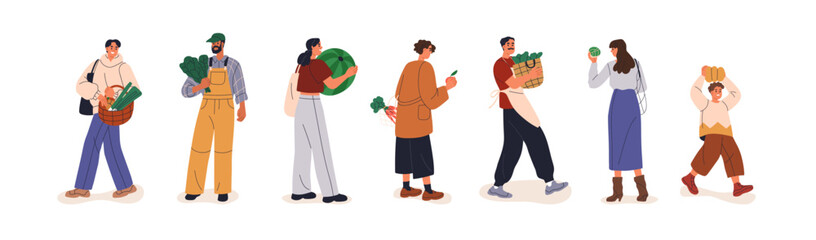 People walking, carrying healthy organic produce, natural vegetable. Characters holding farm fresh products, food. Happy buyers going from market. Flat vector illustration isolated on white background