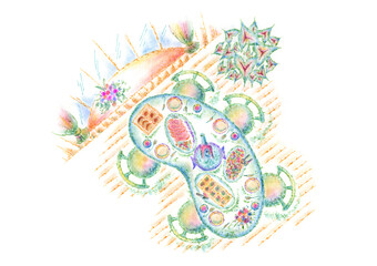 パーティー料理の並ぶテーブルがある部屋の俯瞰　