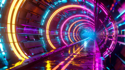 Mining tunnel lit with neon lights, cyberpunk style, vibrant colors, futuristic design, high detail