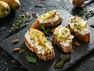 Wholesome Bruschetta: A Delectable Combination of Cottage Cheese, Ricotta, Pear, Honey and Almond on