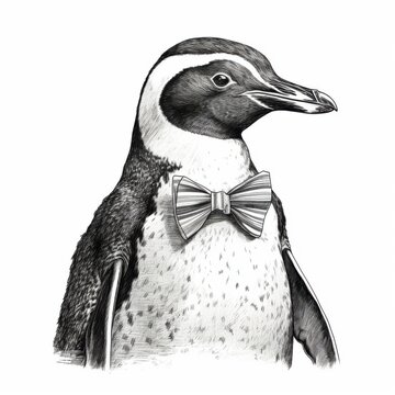 recommend clip art: Black and white Vintage engraved art of a penguin with a bow tie, isolated on white background, ink sketch illustration, simple vector art design, highly detailed line art, high contrasty