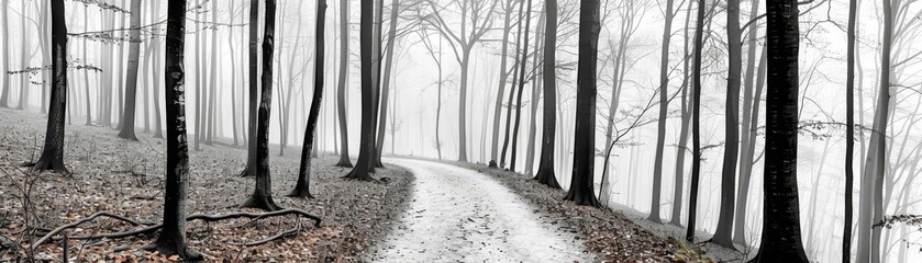 Mysterious black and white forest pathway with fog, Black and white forest pathway, Nature's mystery