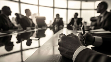 Intense Boardroom Meeting Hands Poised for Decision Making