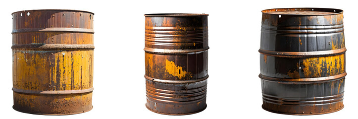 Set of old rusty oil barrels isolated on transparent or white background.