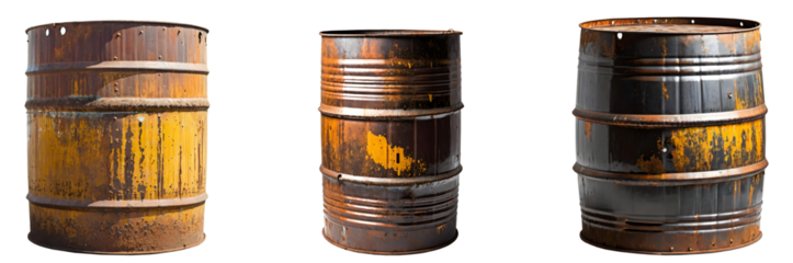Set of old rusty oil barrels isolated on transparent or white background.
