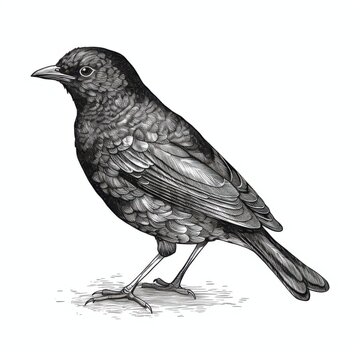 recommend clip art: Black and white Vintage engraved art of a blackbird isolated on white background, ink sketch illustration, simple vector art design, highly detailed line art, high contrasty.