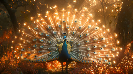 Peacock with scattered feathers 3d rendering