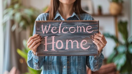The Warmth of Welcome: Woman holding rustic "Welcome Home" sign, symbolizing new beginnings and the joy of belonging.