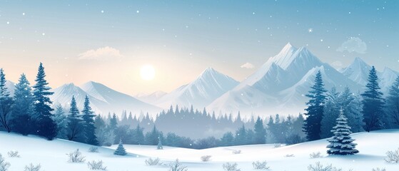 Obraz premium Flat illustration design of a snowy mountain landscape with pine trees and a clear sky Matte colors enhance the crisp and cool atmosphere Premium background design features smooth gradients and soft