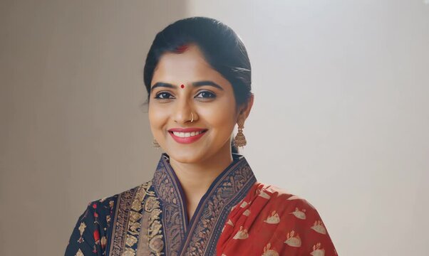 Group portrait of an Indian woman in her 30s wearing kurta pajama in a minimalist background