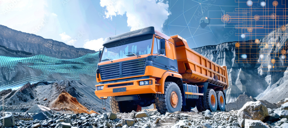 Poster a data-driven dump truck navigates a rocky terrain, with futuristic data visualization overlay showc
