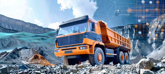 A data-driven dump truck navigates a rocky terrain, with futuristic data visualization overlay showcasing its real-time performance and efficiency