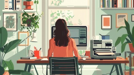 Fototapeta premium Home Office Tranquility: A woman sits at her desk in a sun-drenched home office, working on her computer, surrounded by plants and books. The image evokes a sense of peace and productivity, suggesting