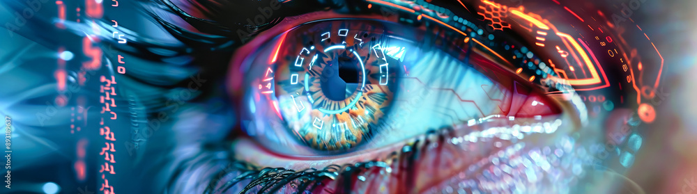 Poster a close-up of an eye with futuristic technology and digital data displayed on its iris, glowing with
