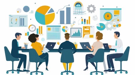 Business team collaboration, strategic planning session, flat design illustration