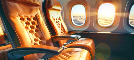 Two plush orange leather seats with a wide view of the setting sun through the airplane windows