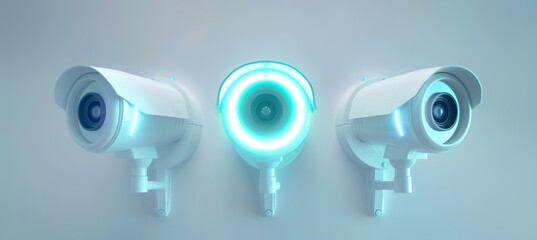 A 3D rendering of three white security cameras mounted on a white wall. Each camera emits a glowing teal holographic projection