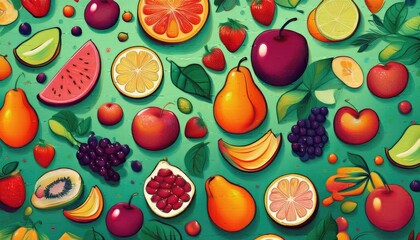 Fruit pattern, seamless fruit pattern, There is a light green background with various fruit designs on the background, colorful fruits pattern background